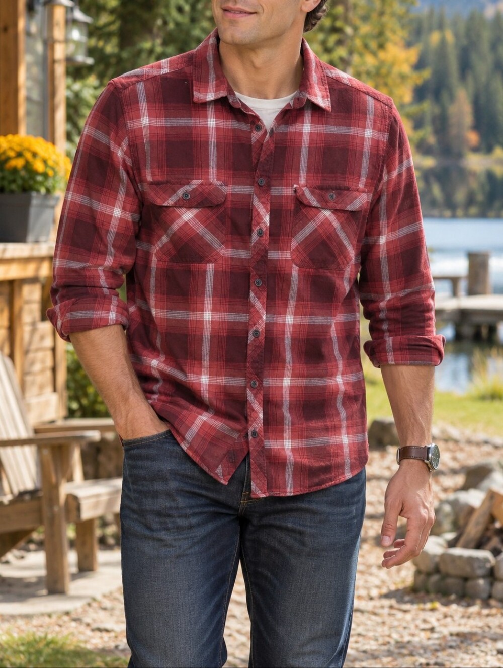 WindRiver Men’s 100% Cotton Red Plaid Button Down Flannel Shirt Outdoor Casual